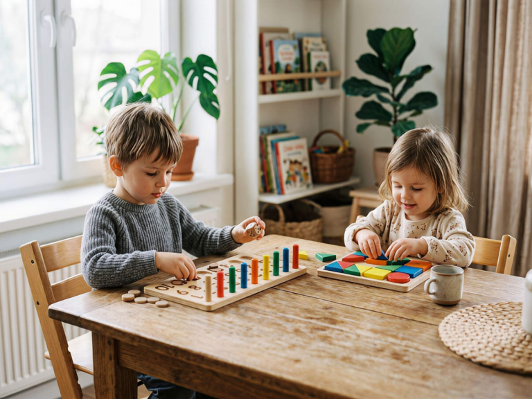 children playing educational toys without screens in a calm home environment