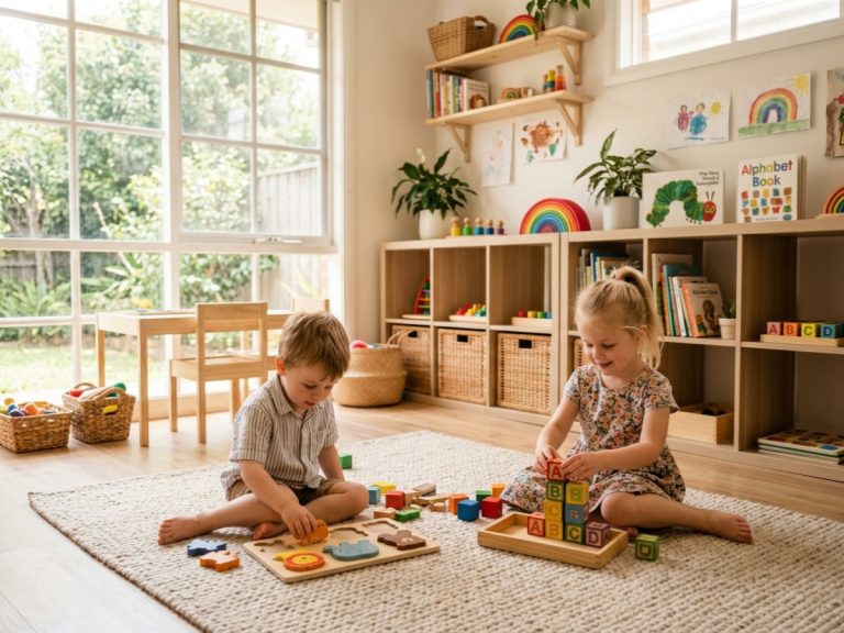 Children playing with educational puzzle toys to support early childhood development