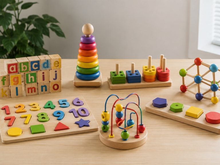 Custom educational toys including wooden alphabet blocks, Montessori toys, and STEM learning products displayed on a clean wooden table.