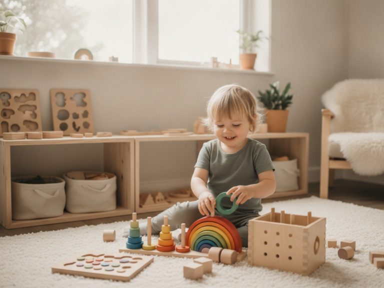 Toddler playing with wooden Montessori toys to develop concentration and fine motor skills