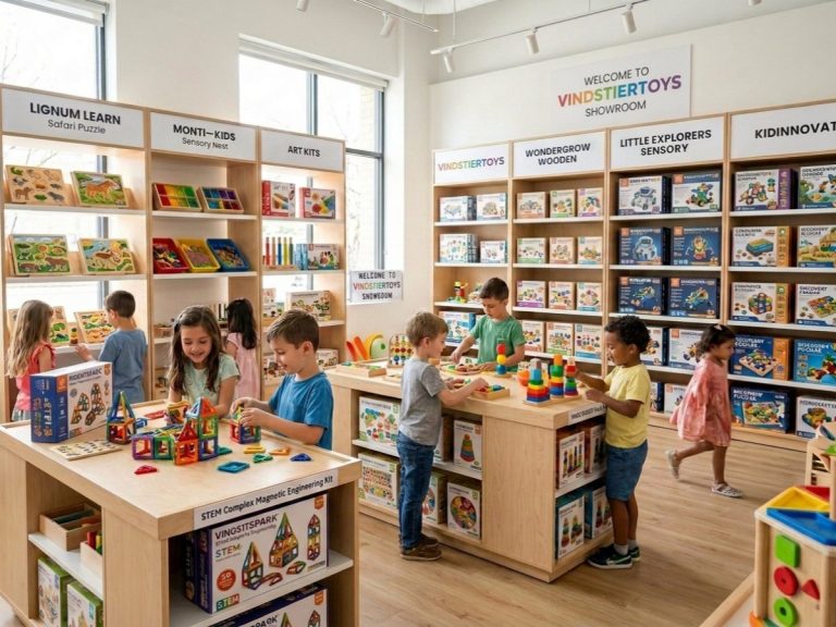 A collection of custom educational toys including STEM kits, Montessori toys, wooden educational puzzles, and sensory learning toys displayed with customized branding in a modern showroom.