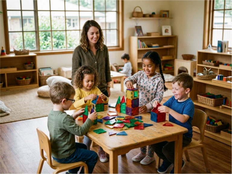 Preschool children using colorful magnetic toys during a collaborative classroom activity