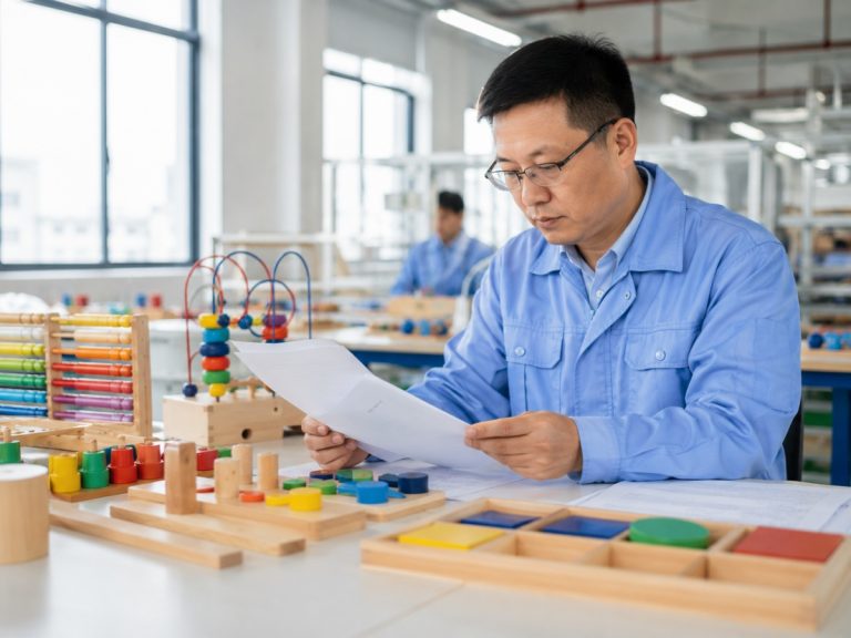 quality engineer inspecting wooden educational toys with certification documents in factory