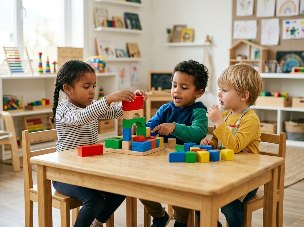 Young children using building blocks together during preschool learning activity