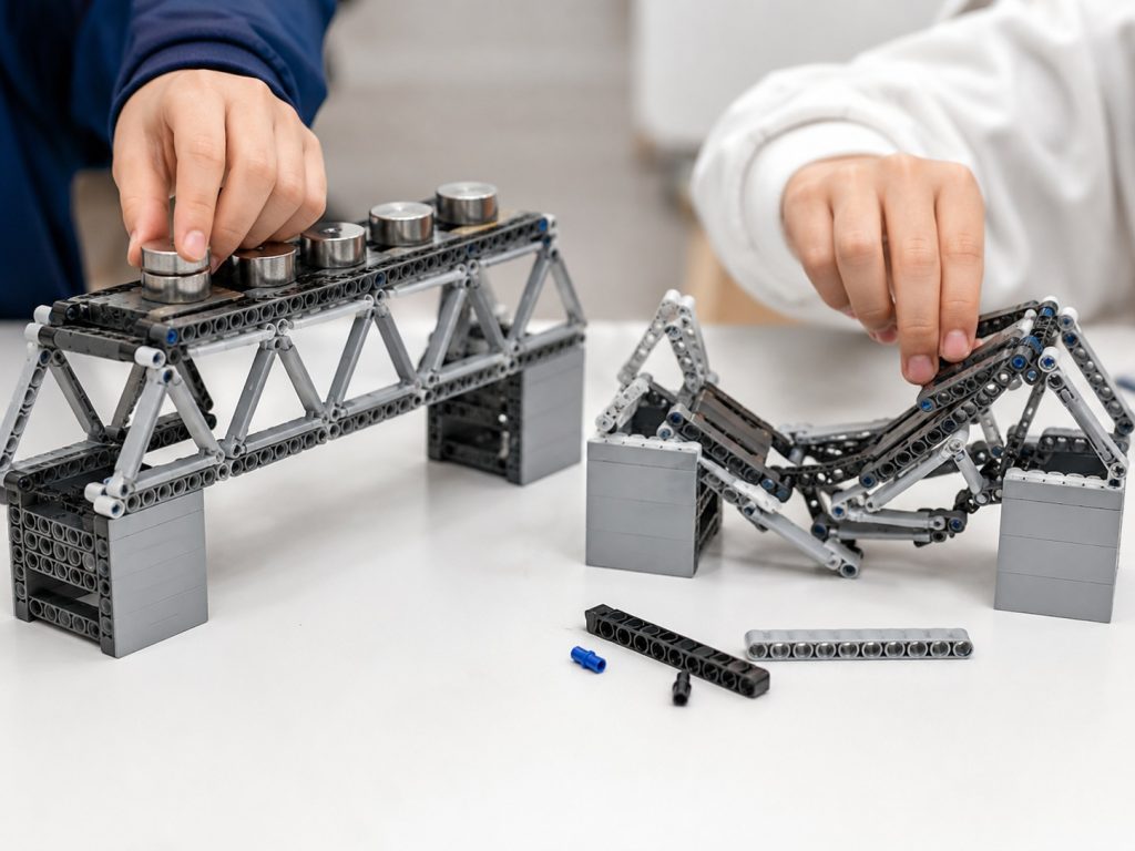 Building Blocks bridge experiment demonstrating engineering design, structural stability, and load distribution.