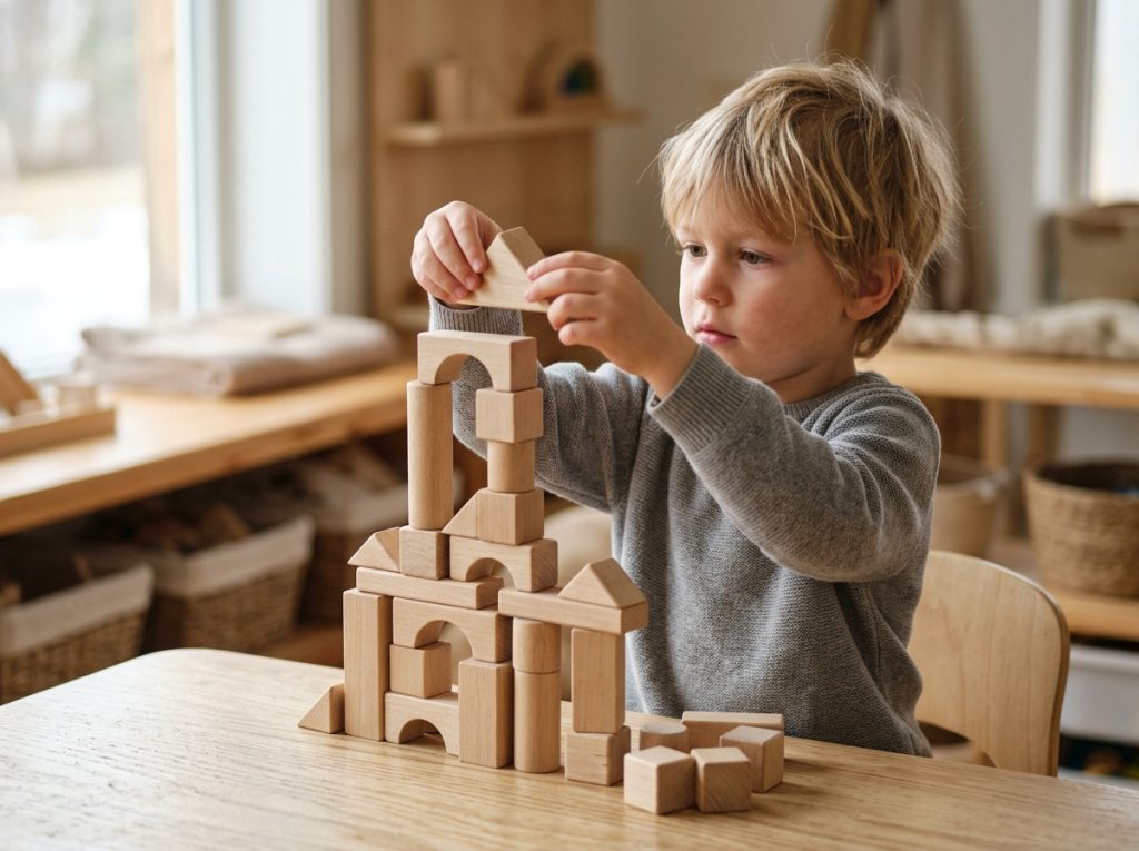 Child using Building Blocks to improve cognitive development, spatial reasoning, and problem-solving skills.