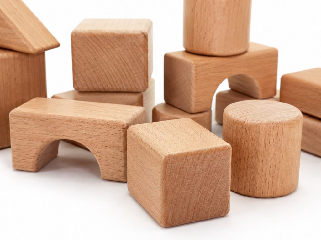 High-quality wooden building blocks with smooth edges and natural hardwood grain