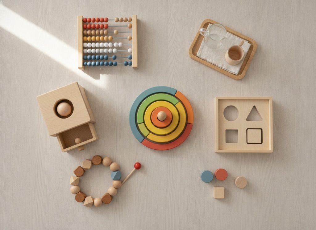 Collection of wooden Montessori toys including shape sorters, stacking rings and practical life toys