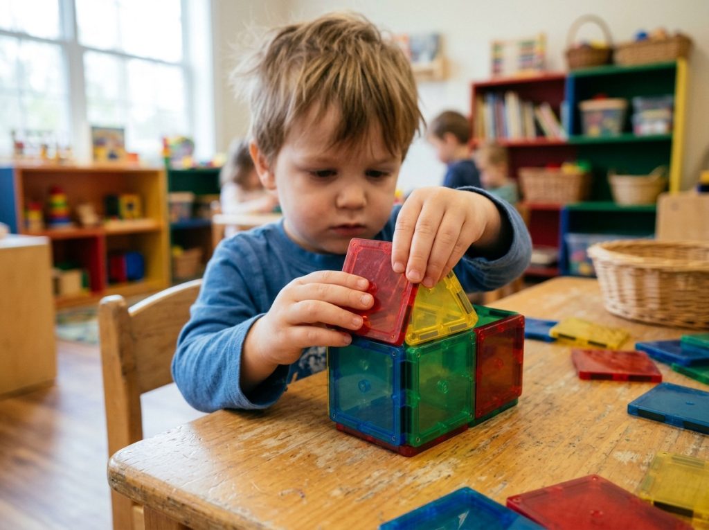 Child developing fine motor skills with magnetic building toys