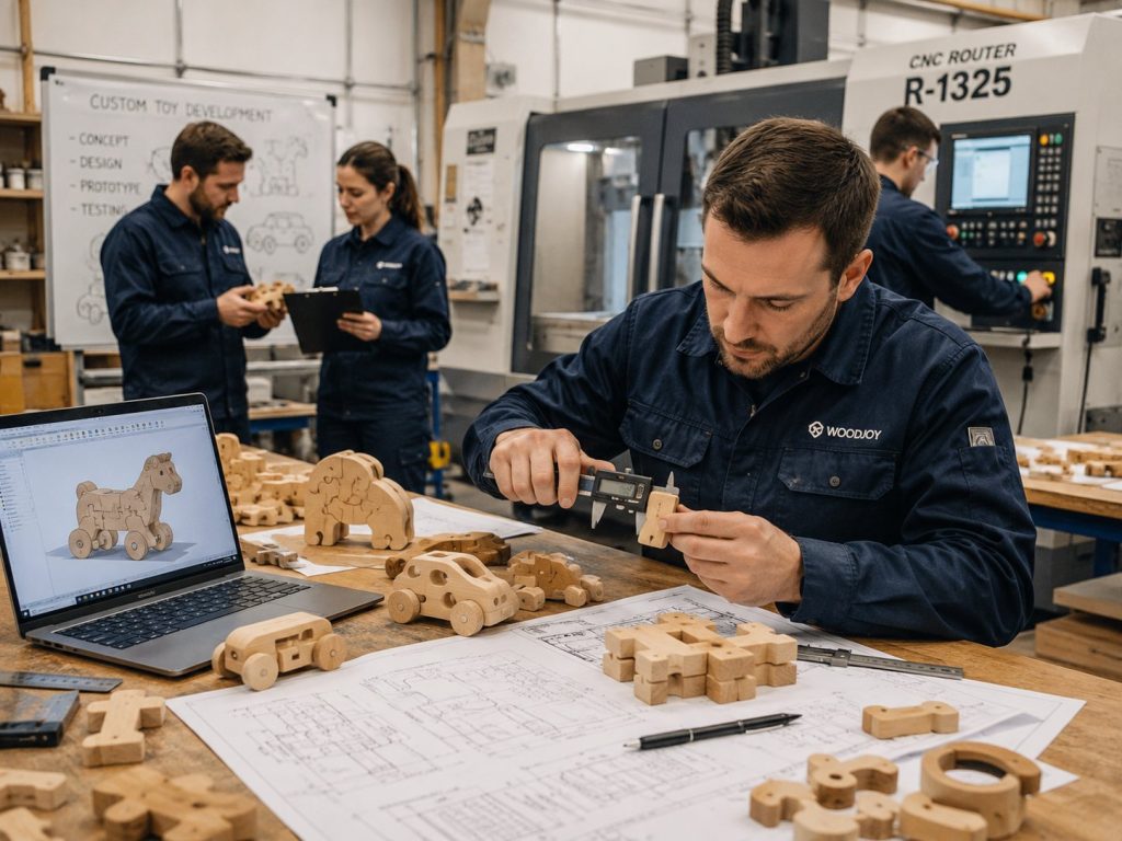 Engineers and technicians developing custom wooden toys inside a professional wooden toy factory.