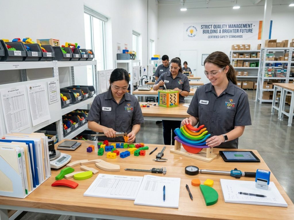 quality inspection process in an educational toy factory ensuring product consistency and durability