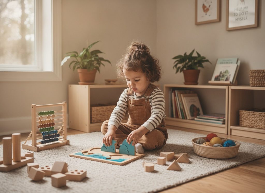 Preschool child using Montessori puzzle board and sensory toys independently