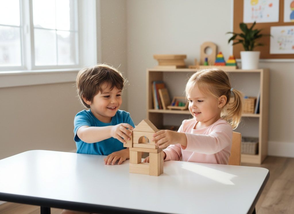 Two children building with Building Blocks together to develop teamwork, communication, and social skills.