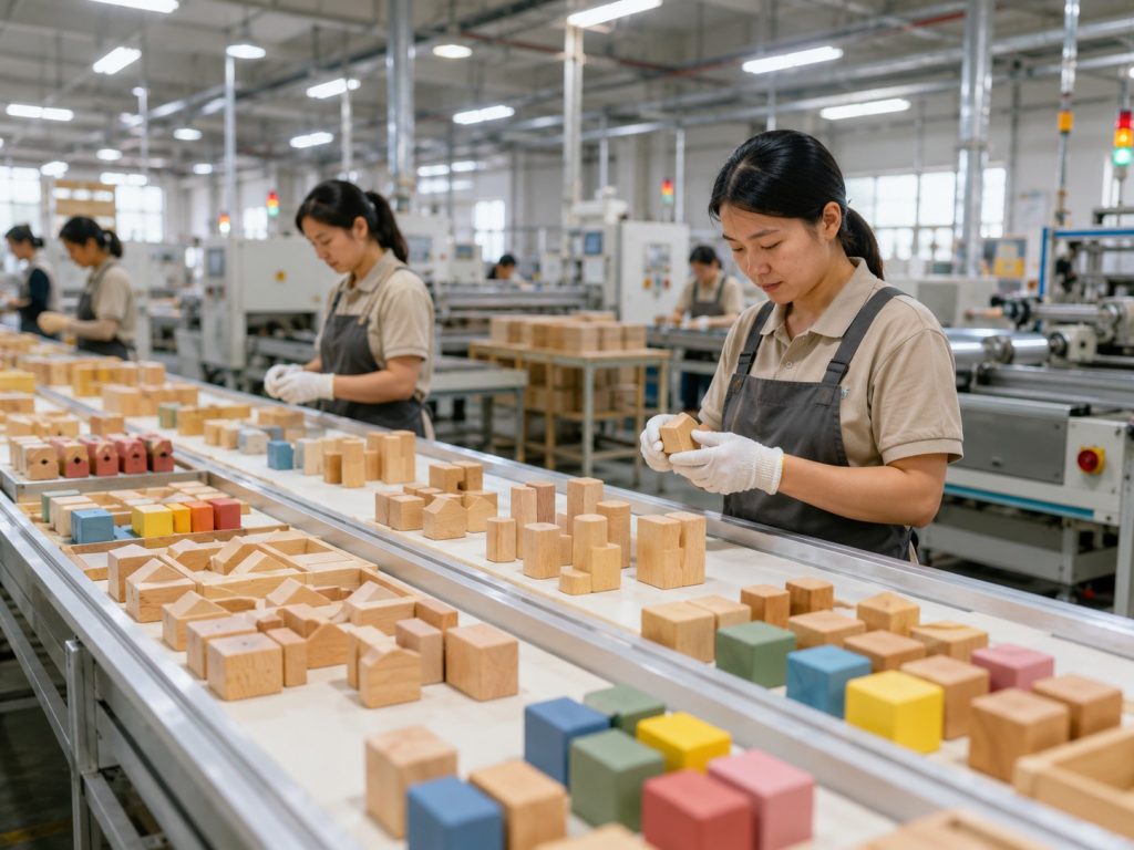 Quality inspection during the wooden building blocks manufacturing process.