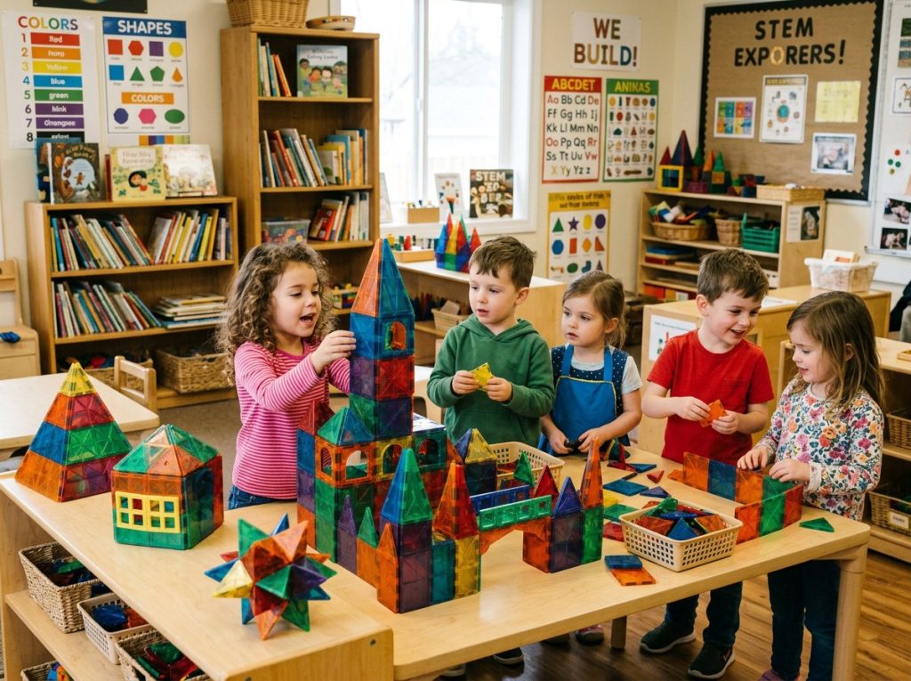 Preschool students participating in STEM activities with magnetic toys