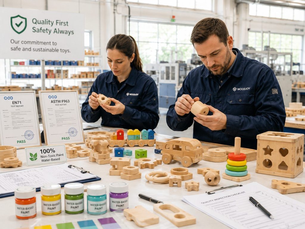 Quality inspection process for wooden toys with beech wood materials and EN71 testing documents.