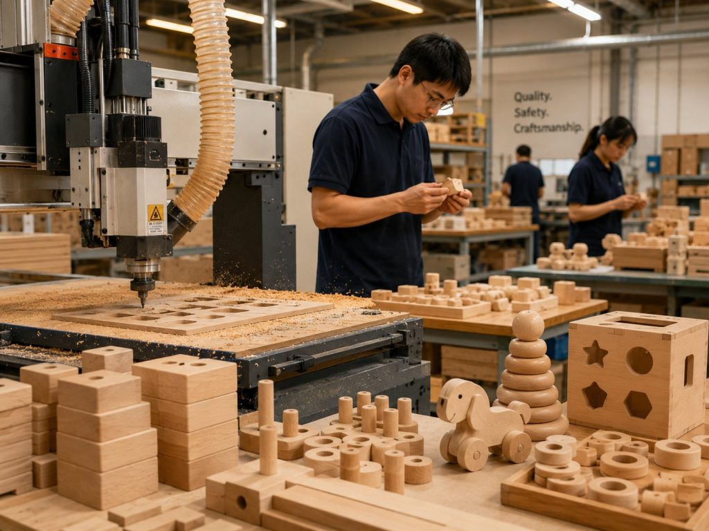 OEM wooden toys manufacturing process with CNC machining and quality inspection