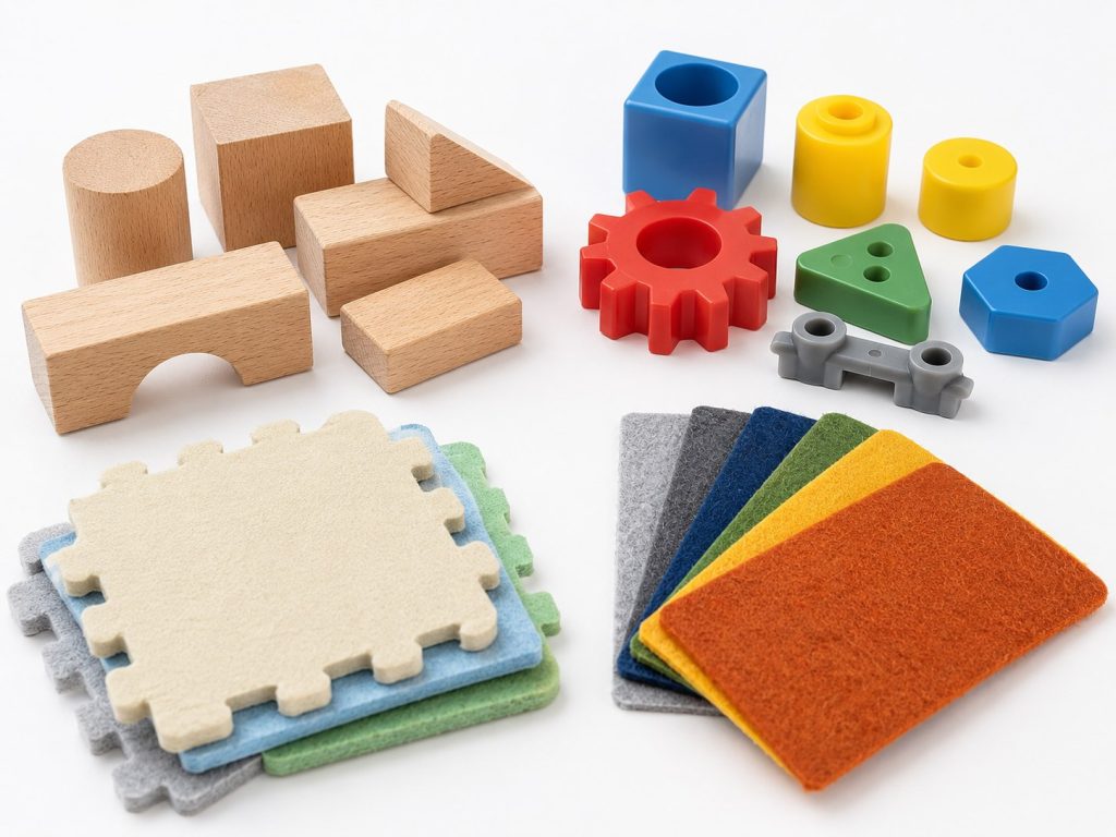 Beech wood blocks, ABS plastic parts, EVA foam pieces, and felt fabric samples used in custom educational toys.