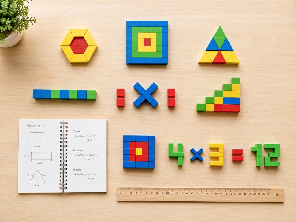 Educational Building Blocks arranged to demonstrate geometry, symmetry, measurement, and mathematical thinking.