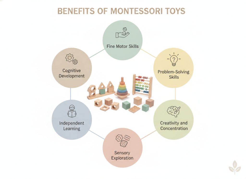 Infographic showing the main developmental benefits of Montessori toys