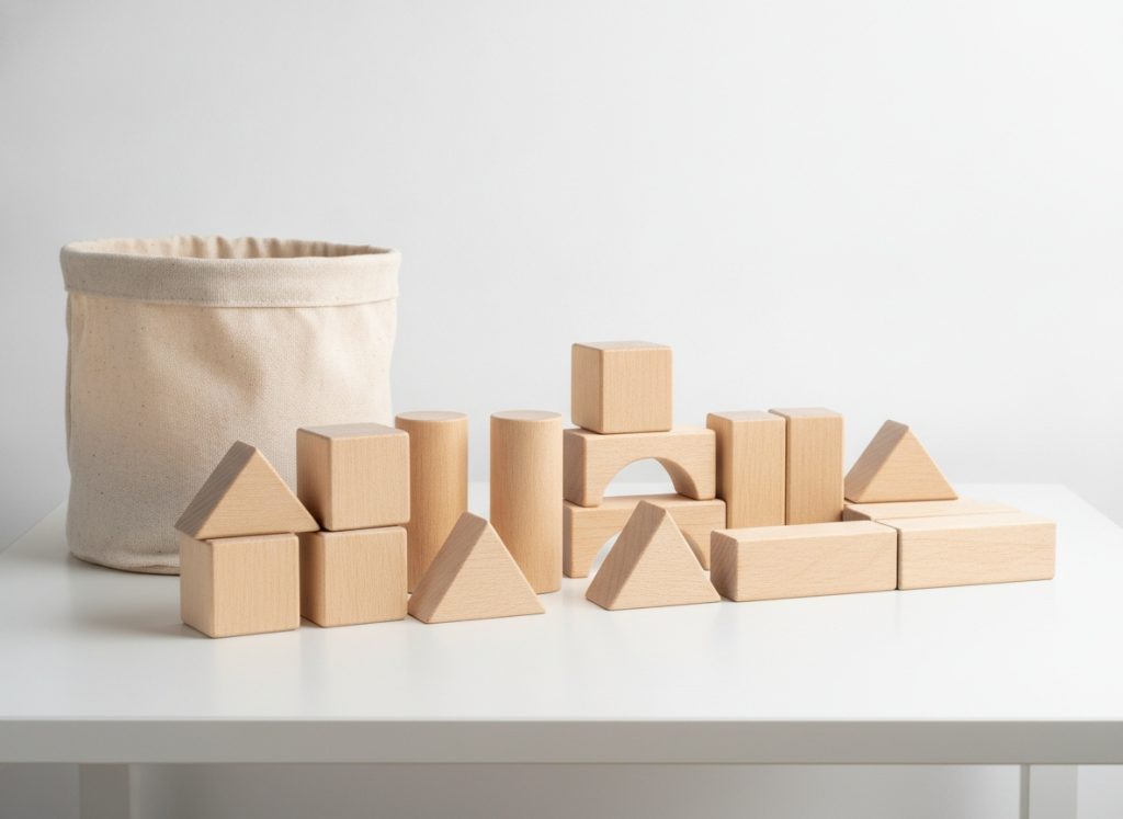 Educational wooden Building Blocks set with different geometric shapes for early childhood learning.