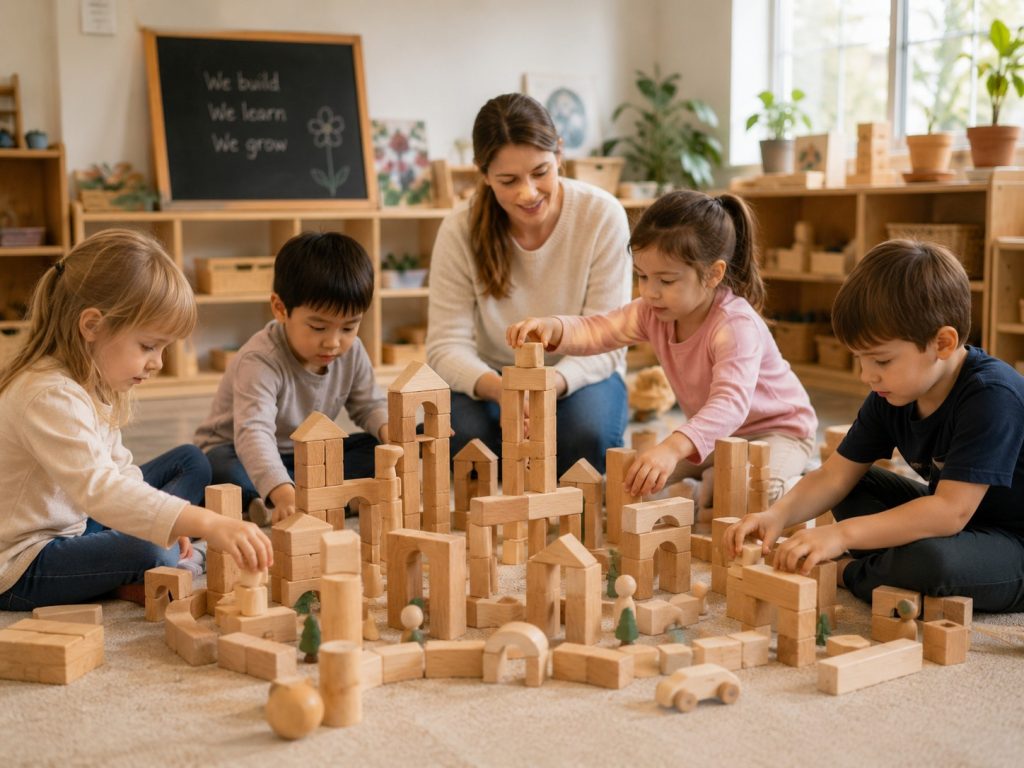 Children developing creativity and teamwork with wooden building blocks in a classroom