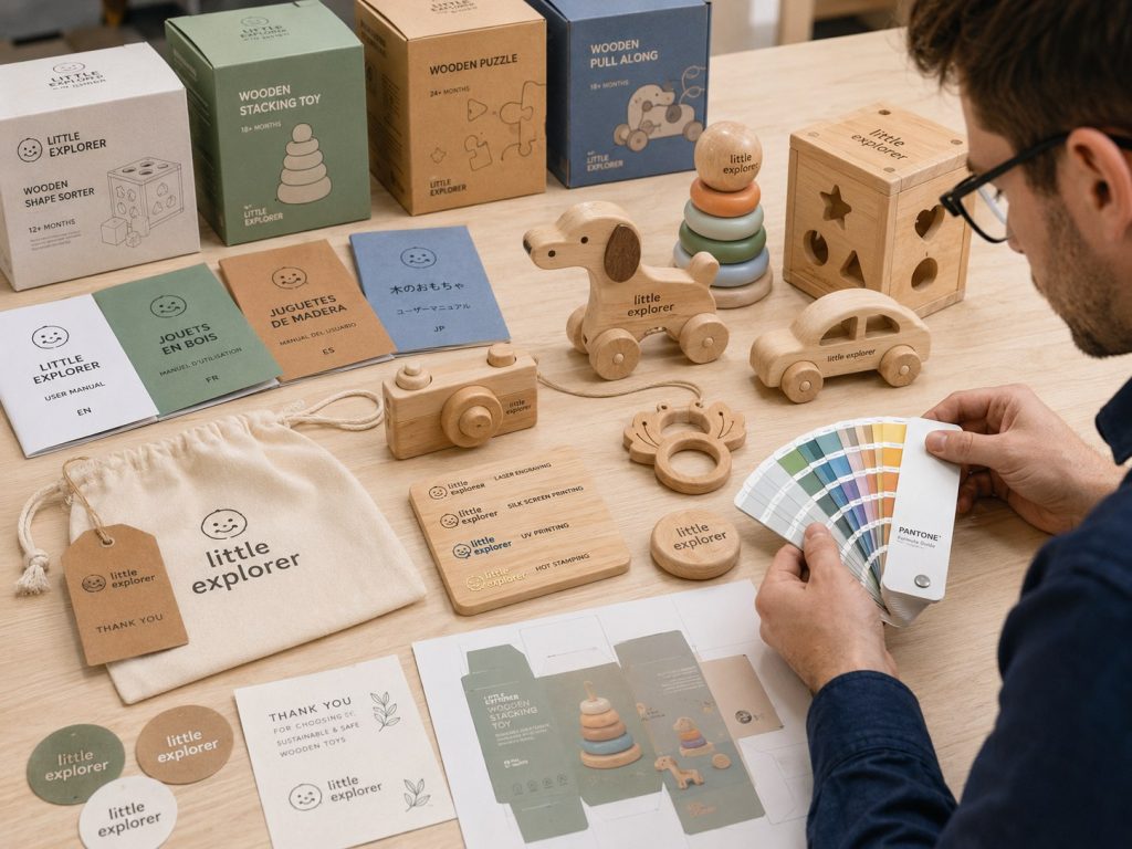 Customized wooden toys with branded packaging, logo engraving, and private label solutions.