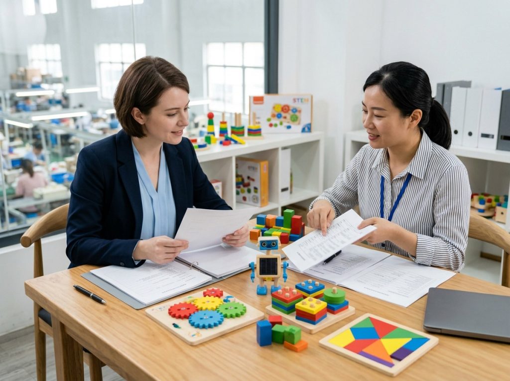 buyer reviewing certification reports with educational toy manufacturer