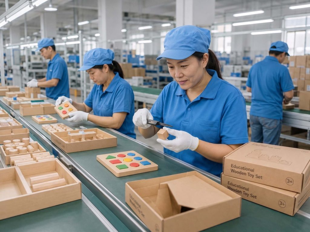 Workers inspecting wooden educational toys and packaging during the OEM educational toy manufacturing process.