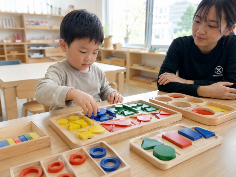 Child using wooden sorting toys to develop early math learning skills in a preschool classroom.