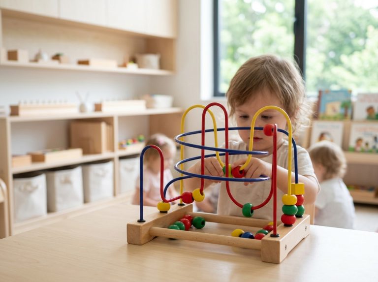 Child playing with a wooden maze toy to develop cognitive and fine motor skills in an early learning classroom.