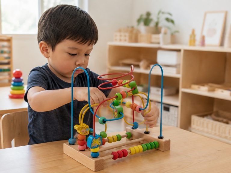 Preschool child playing with wooden maze toys to support cognitive development and fine motor skills.