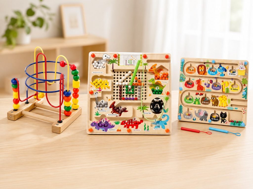 Comparison of wooden bead maze toys, magnetic maze toys, and Montessori maze toys for preschool learning.