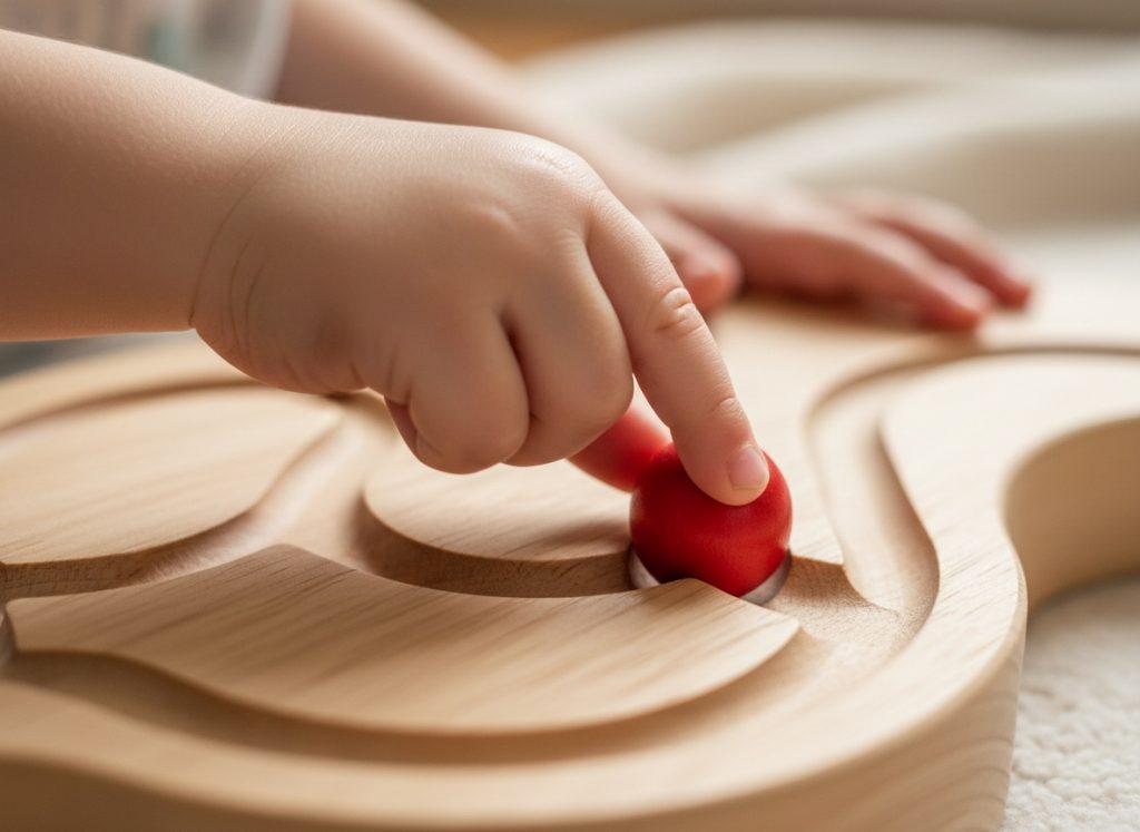 close up hands moving beads on wooden maze toy for fine motor skill development