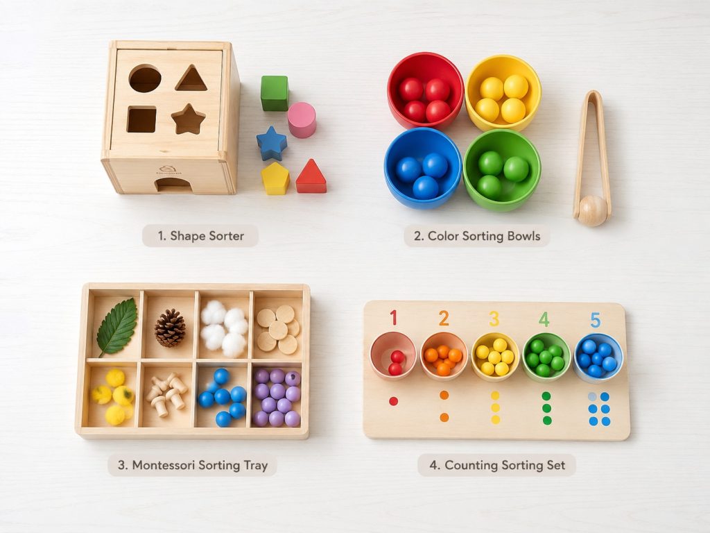 Different types of wooden sorting toys including shape sorters, color sorting sets, and Montessori learning toys.