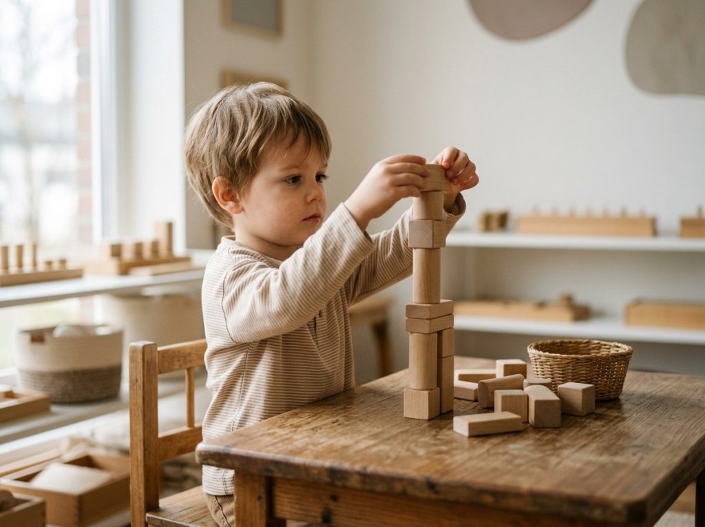A child concentrating on stacking wooden building blocks to improve spatial awareness and problem-solving skills