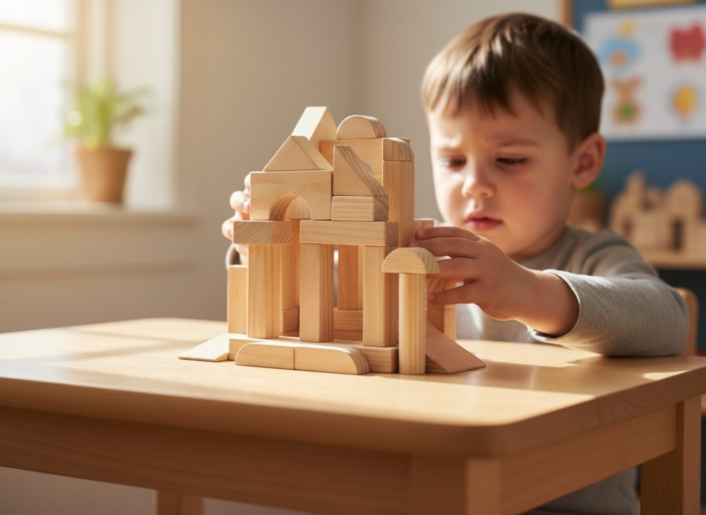 A preschool child developing fine motor skills by stacking wooden educational blocks.