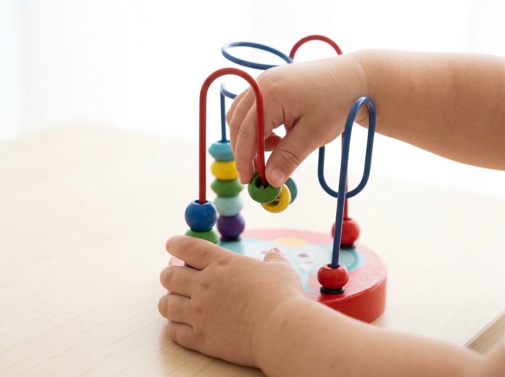 Close-up of a child practicing fine motor development with a wooden bead maze toy.