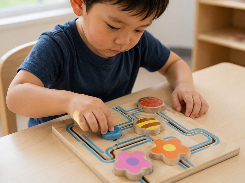 Child using wooden maze toys to develop problem-solving skills and cognitive development through hands-on learning.