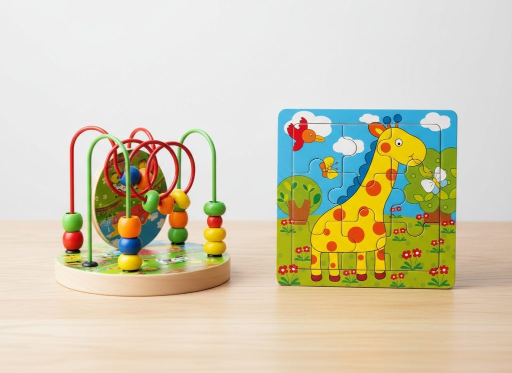 Wooden maze toy and wooden puzzle toy displayed side by side for comparison.