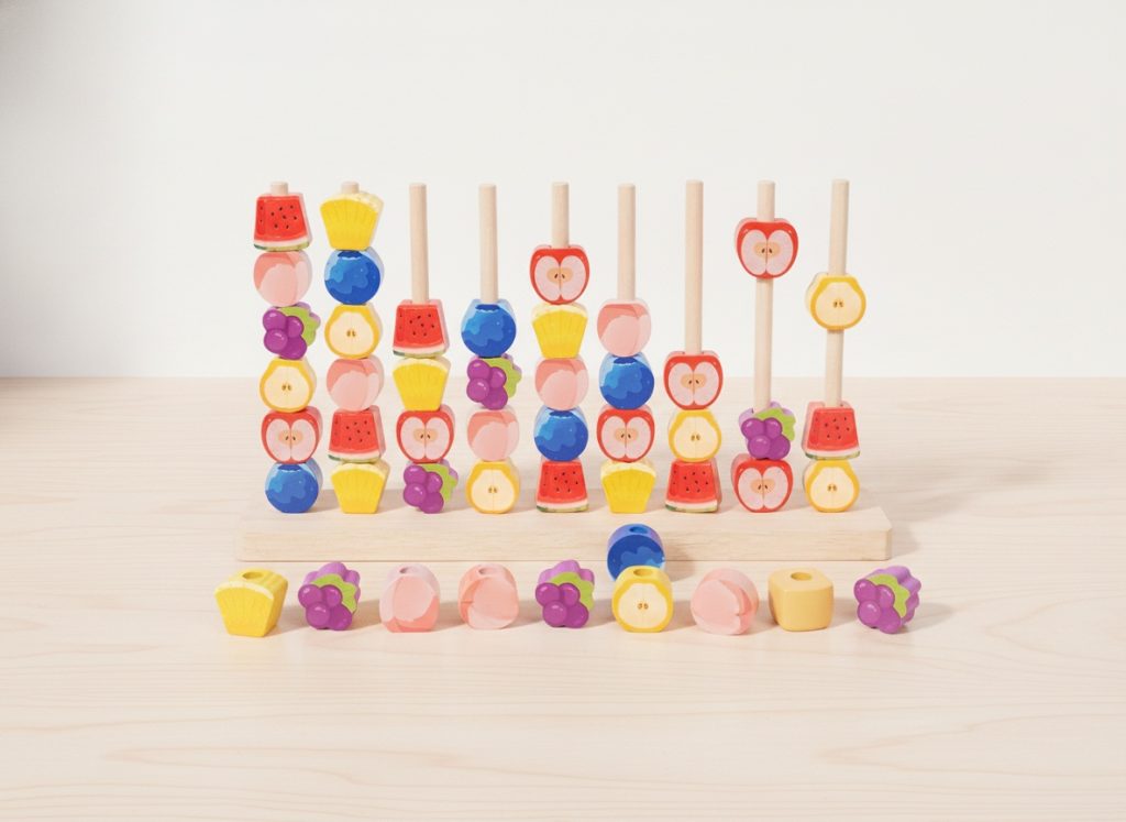 Wooden Montessori sorting toys with colorful geometric shapes and sorting bowls