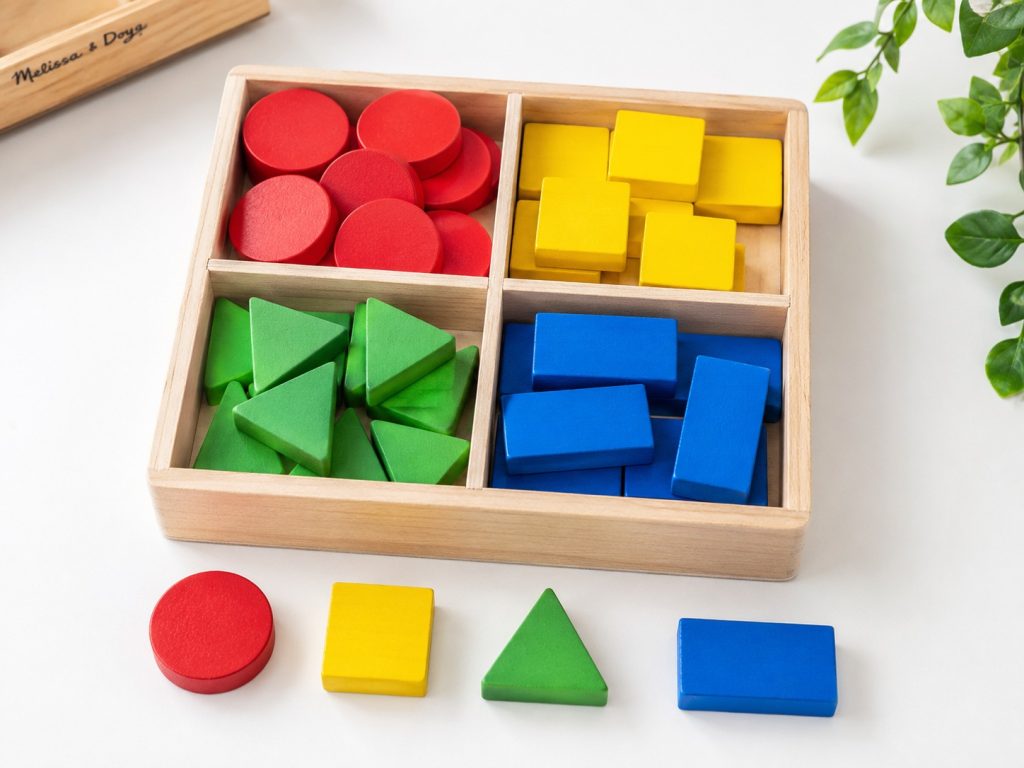 Wooden sorting toys organized by color and shape to demonstrate classification activities for preschool learning.