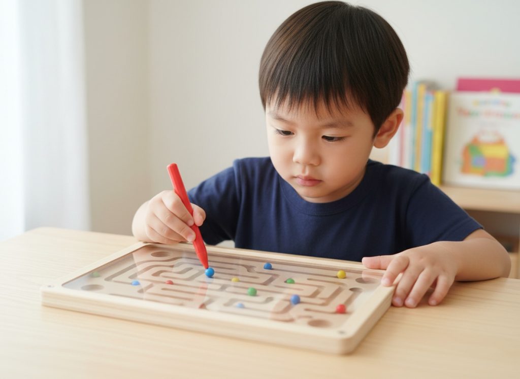 child using magnetic maze toy board with magnetic pen in educational learning activity