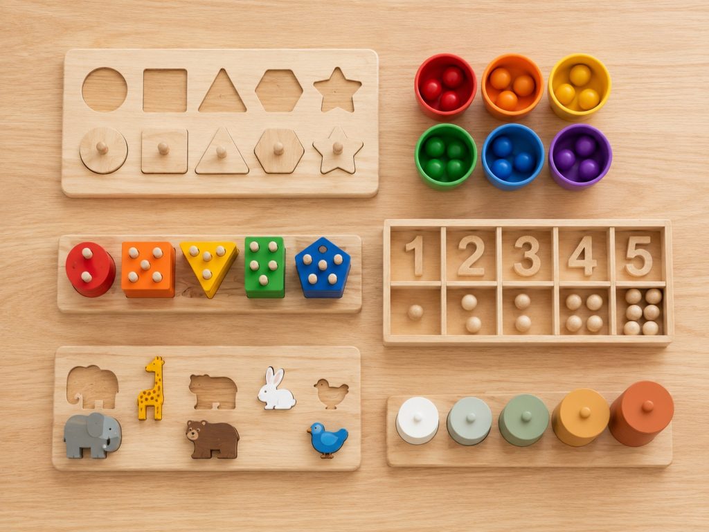 Various wooden sorting toys for preschool learning and Montessori education