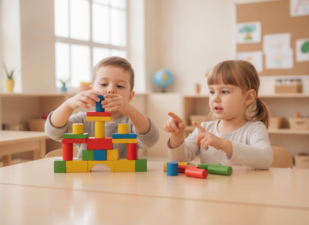 Children exploring STEM learning by building geometric structures with wooden building blocks