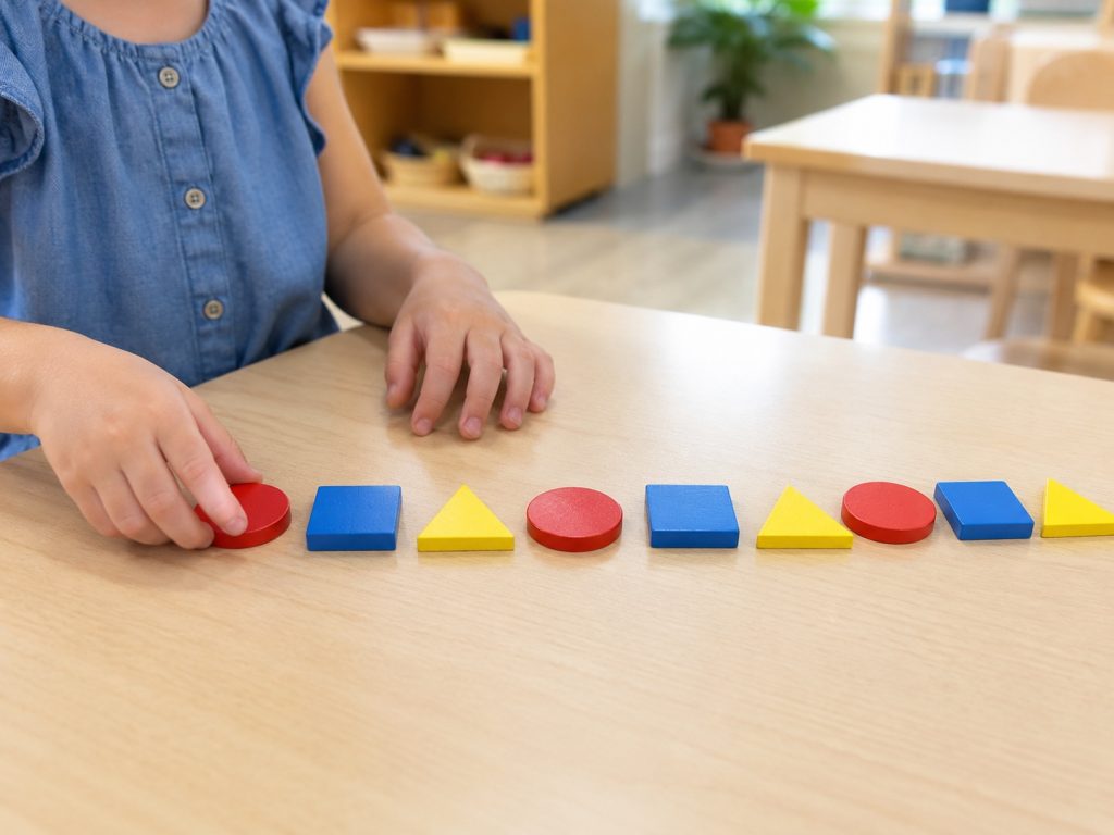Child arranging wooden sorting toys into repeating patterns during an early math learning activity.