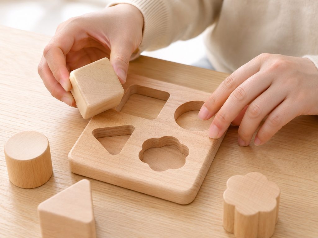 Close-up of wooden sorting toys showing smooth edges, large blocks, and quality craftsmanship for early learning.