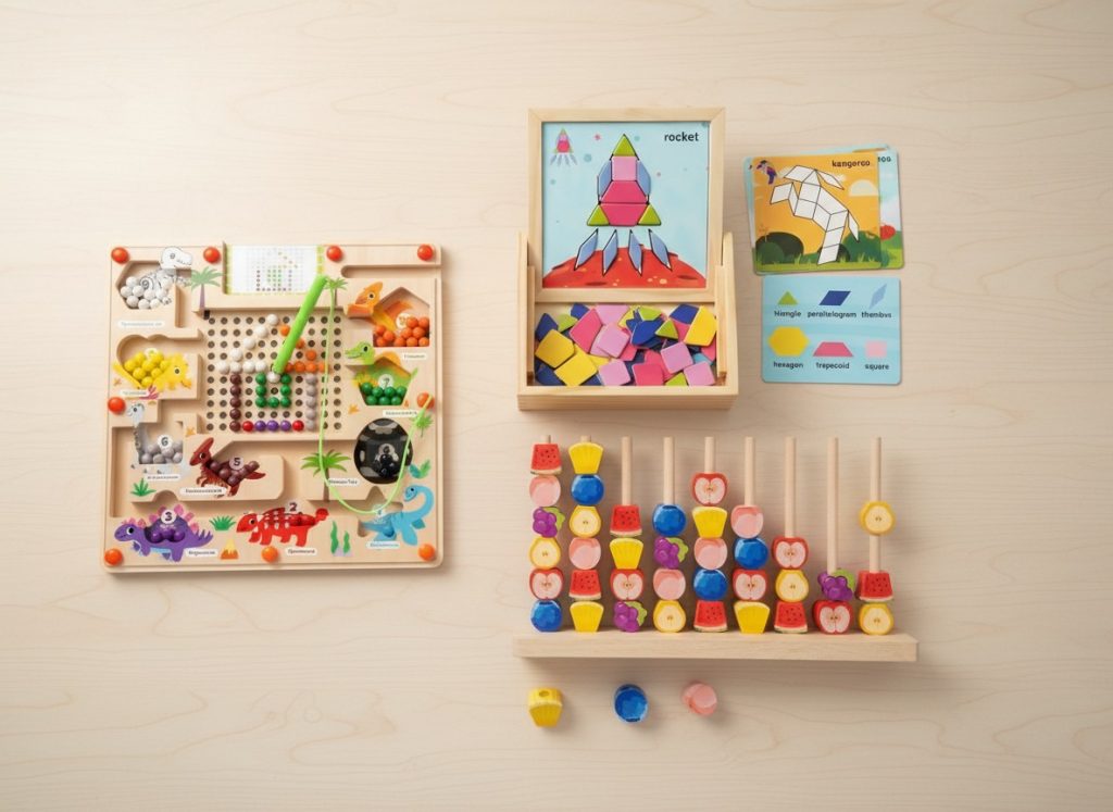 Different types of preschool learning toys including blocks, alphabet puzzles and STEM kits.