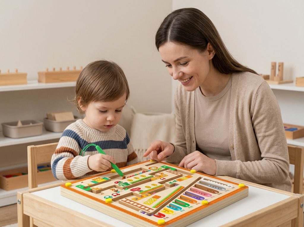 Teacher guiding a child using a maze toy to develop problem-solving and cognitive skills.