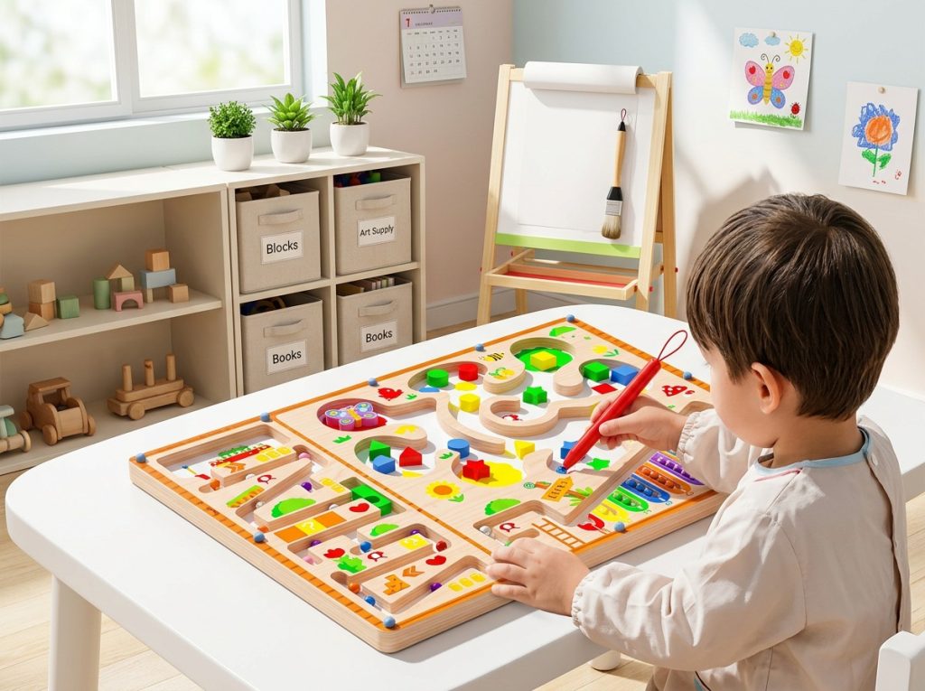 Preschool child using a magnetic maze toy to practice concentration and problem-solving skills.